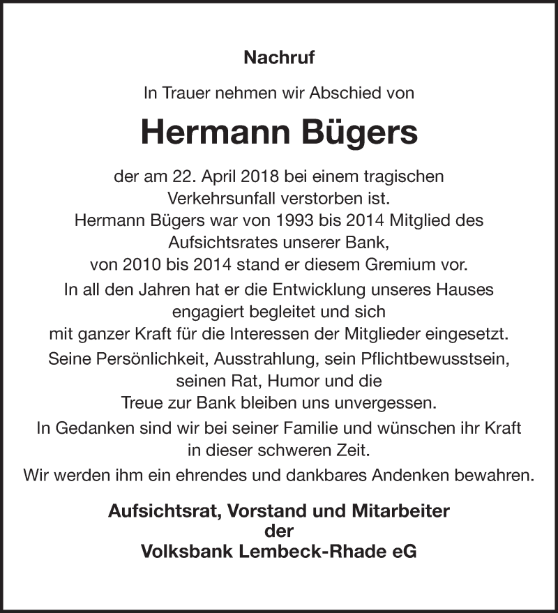  Traueranzeige für Hermann Bügers vom 27.04.2018 aus Ruhr Nachrichten und Dorstener Zeitung