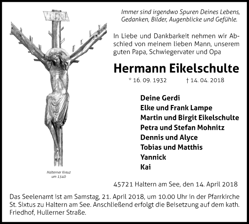 Traueranzeige für Hermann Eikelschulte vom 17.04.2018 aus Ruhr Nachrichten und Halterner Zeitung
