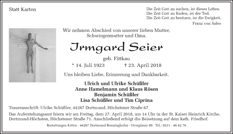  Traueranzeige für Irmgard Seier vom 25.04.2018 aus Ruhr Nachrichten