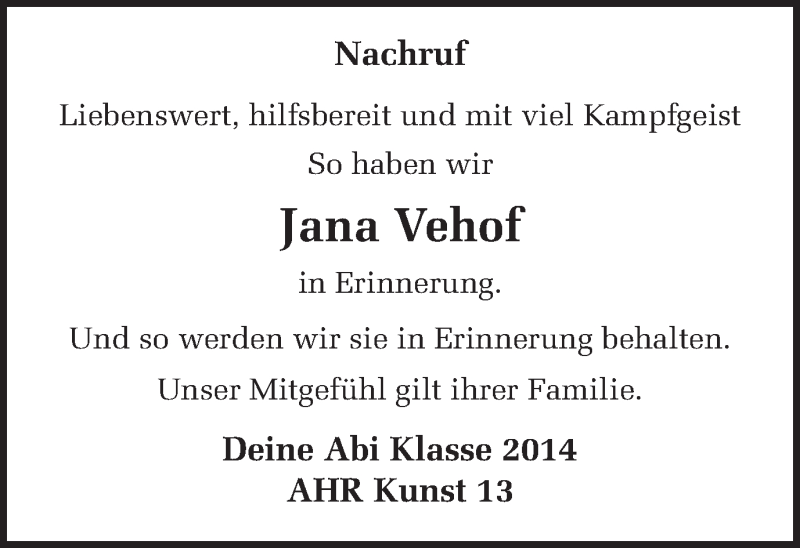  Traueranzeige für Jana Vehof vom 14.04.2018 aus Münstersche Zeitung und Münsterland Zeitung