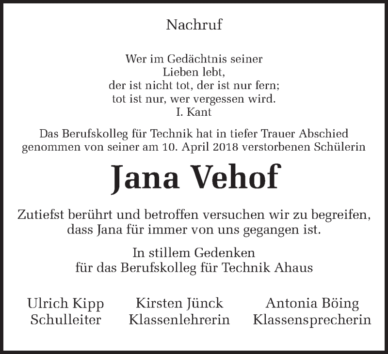  Traueranzeige für Jana Vehof vom 17.04.2018 aus Münstersche Zeitung und Münsterland Zeitung