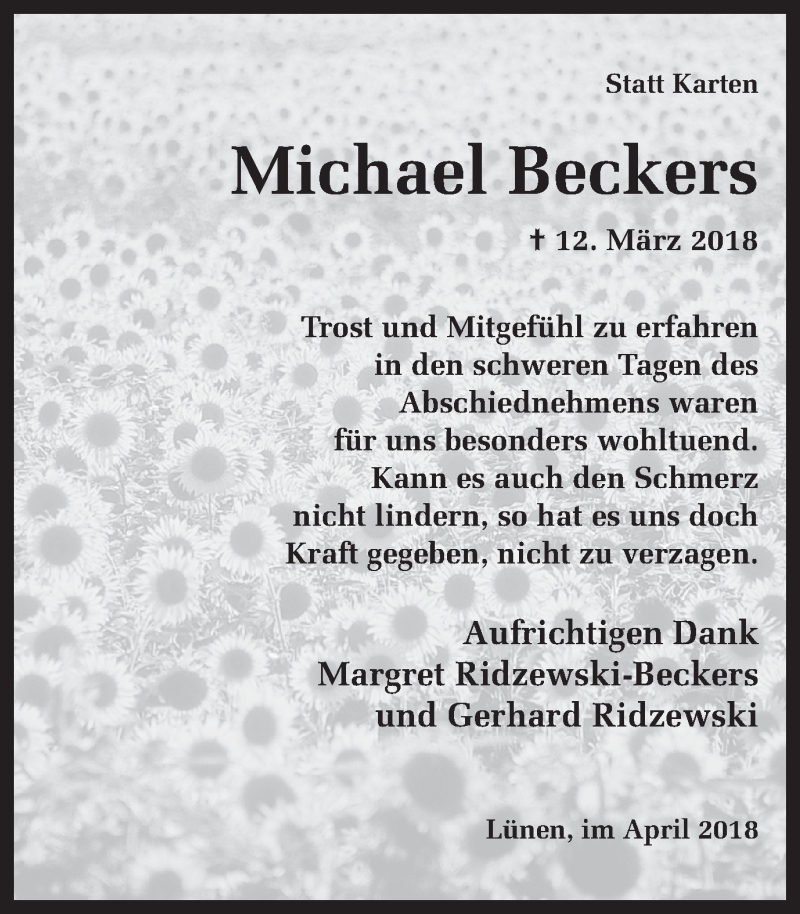  Traueranzeige für Michael Beckers vom 28.04.2018 aus Ruhr Nachrichten