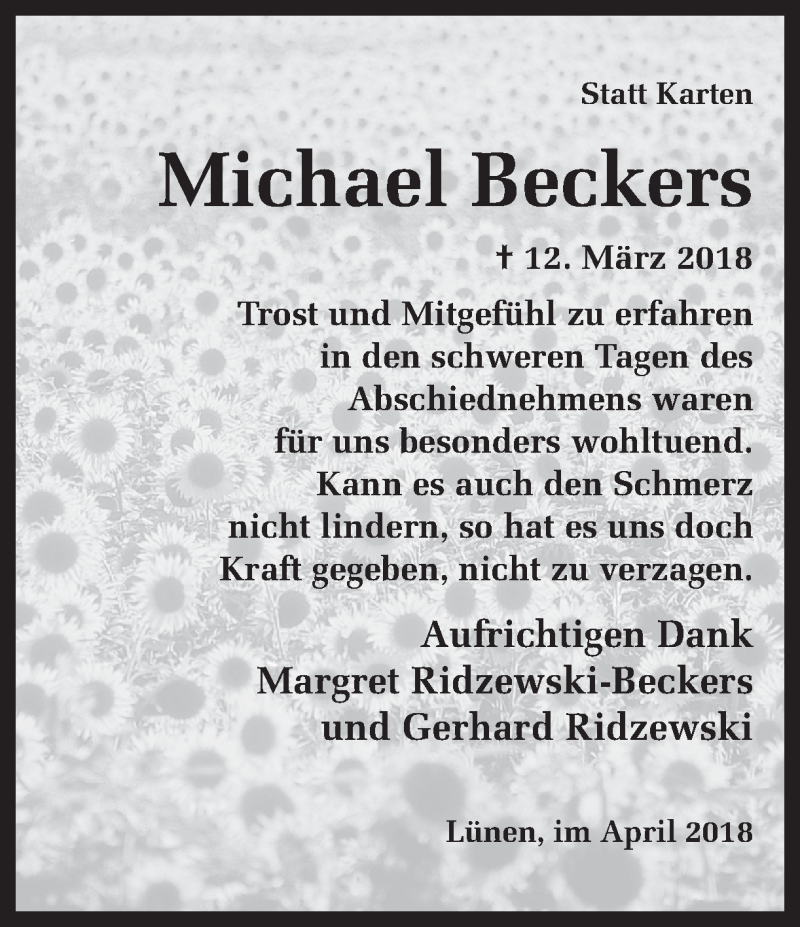  Traueranzeige für Michael Beckers vom 28.04.2018 aus Ruhr Nachrichten
