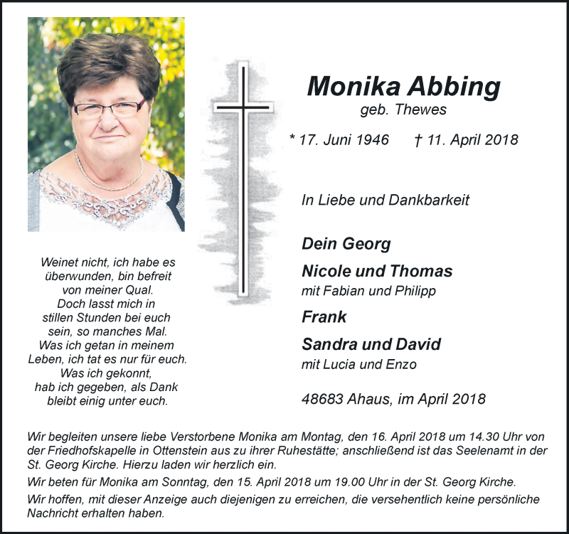  Traueranzeige für Monika Abbing vom 13.04.2018 aus Münstersche Zeitung und Münsterland Zeitung