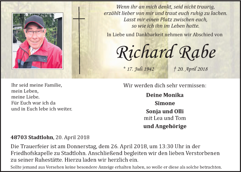  Traueranzeige für Richard Rabe vom 24.04.2018 aus Münstersche Zeitung und Münsterland Zeitung