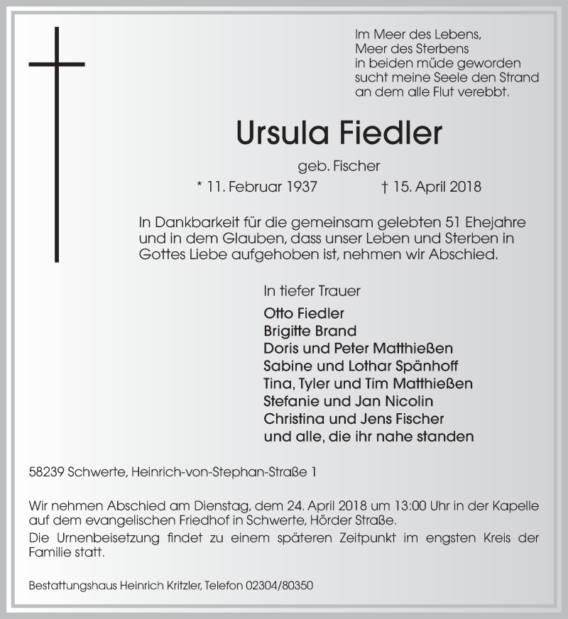  Traueranzeige für Ursula Fiedler vom 20.04.2018 aus Ruhr Nachrichten