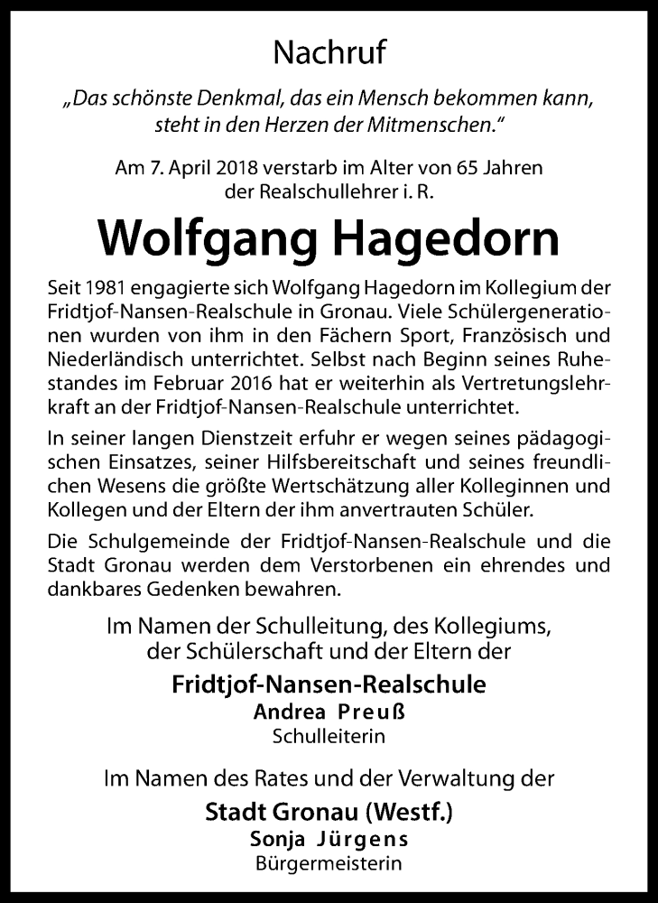  Traueranzeige für Wolfgang Hagedorn vom 14.04.2018 aus Münstersche Zeitung und Münsterland Zeitung