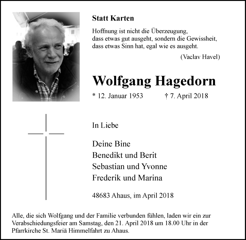  Traueranzeige für Wolfgang Hagedorn vom 19.04.2018 aus Münstersche Zeitung und Münsterland Zeitung