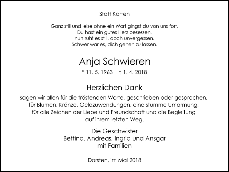  Traueranzeige für Anja Schwieren vom 16.05.2018 aus Ruhr Nachrichten und Dorstener Zeitung