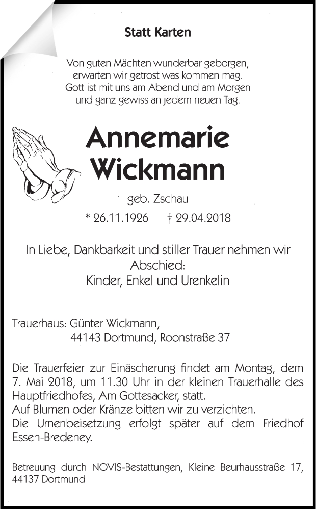  Traueranzeige für Annemarie Wickmann vom 03.05.2018 aus Ruhr Nachrichten