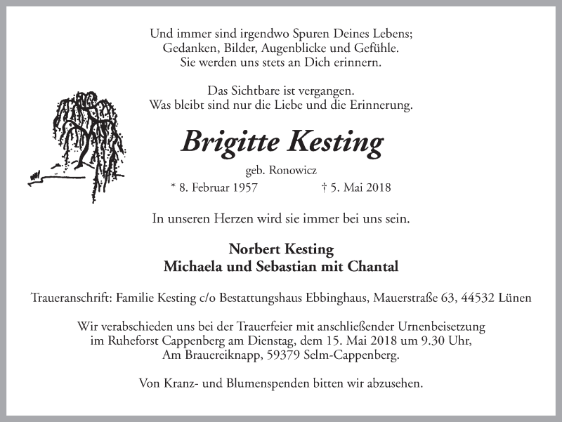  Traueranzeige für Brigitte Kesting vom 09.05.2018 aus Ruhr Nachrichten