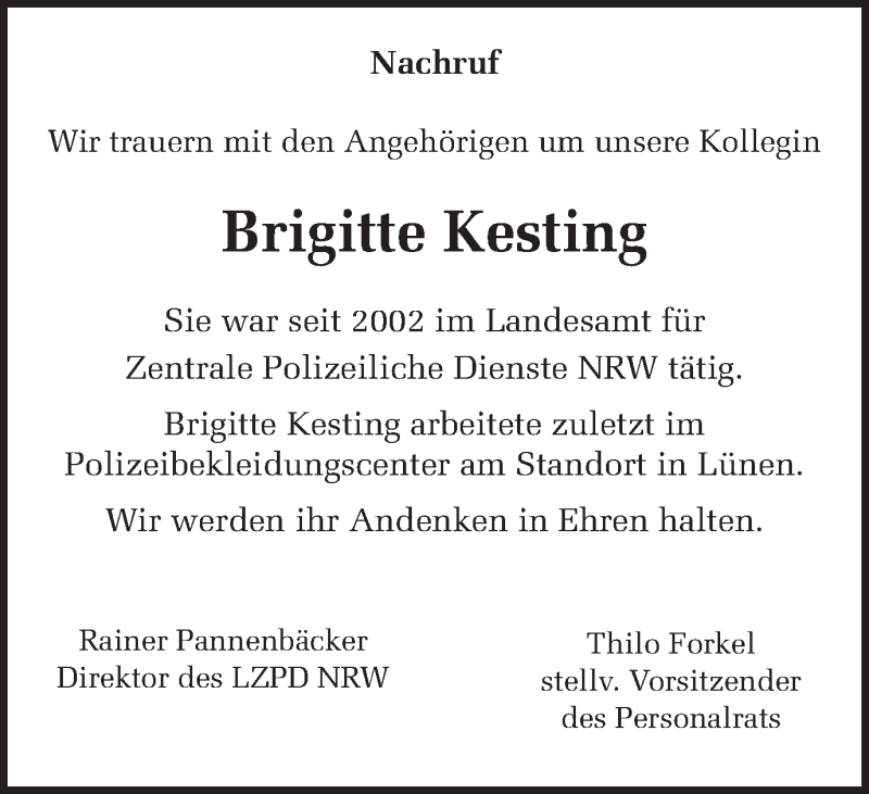  Traueranzeige für Brigitte Kesting vom 16.05.2018 aus Ruhr Nachrichten