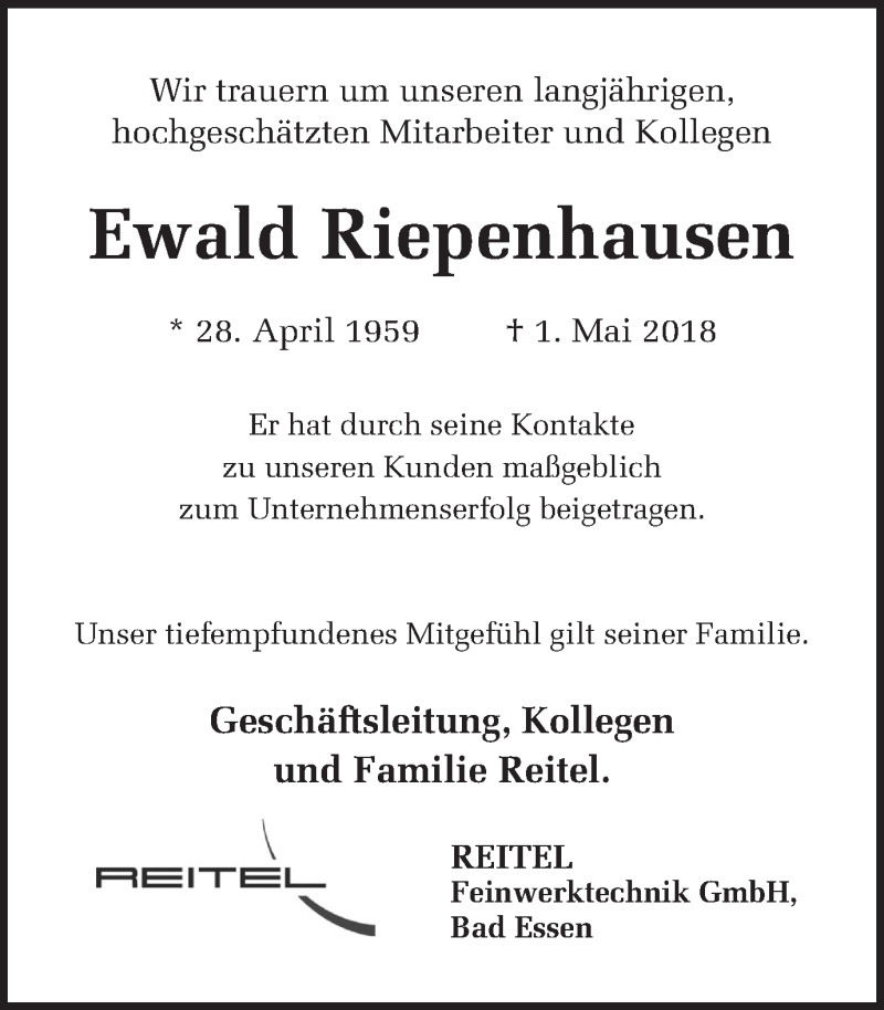 Traueranzeige für Ewald Riepenhausen vom 16.05.2018 aus Ruhr Nachrichten und Halterner Zeitung