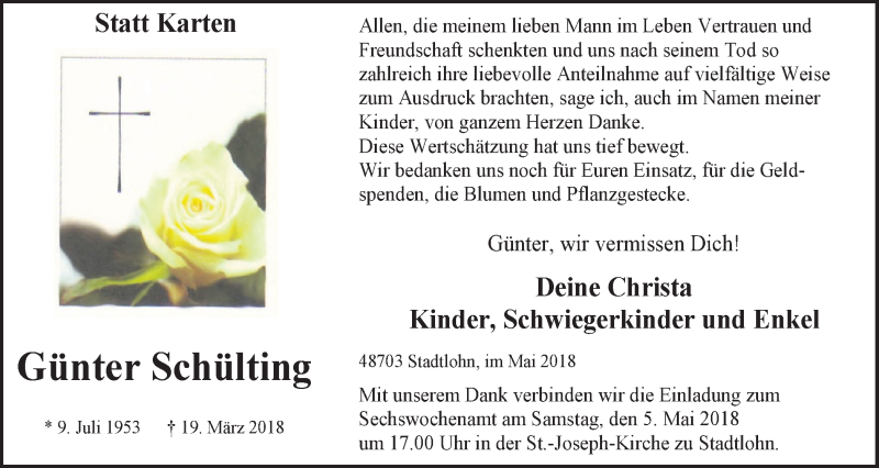  Traueranzeige für Günter Schülting vom 01.05.2018 aus Münstersche Zeitung und Münsterland Zeitung