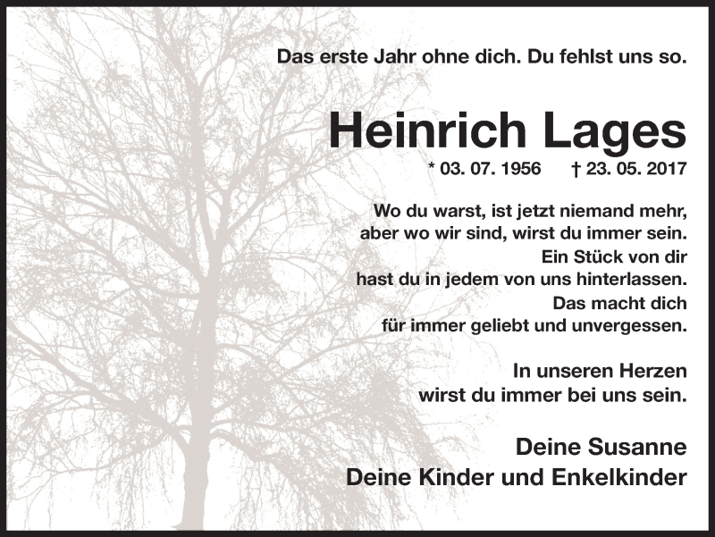  Traueranzeige für Heinrich Lages vom 23.05.2018 aus Ruhr Nachrichten