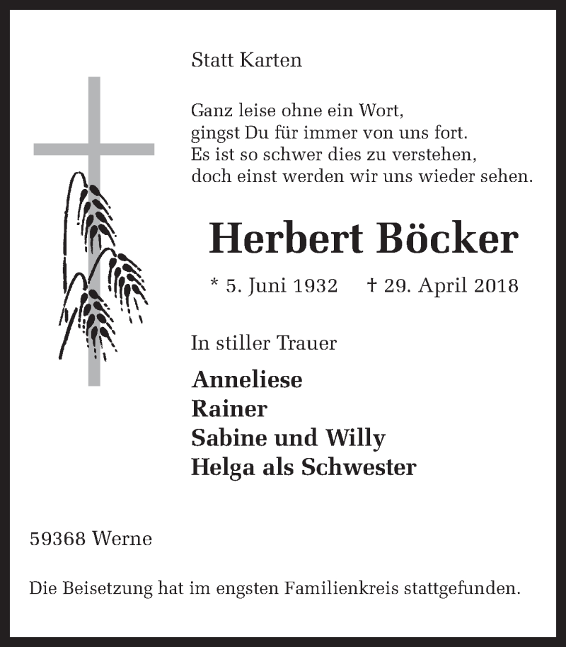  Traueranzeige für Herbert Böcker vom 12.05.2018 aus Ruhr Nachrichten