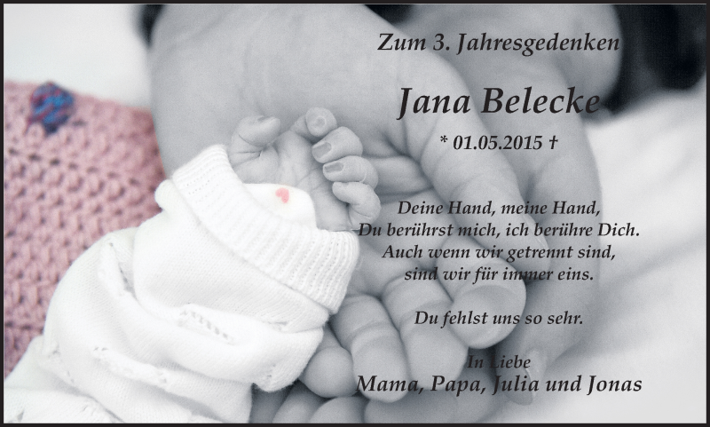  Traueranzeige für Jana Belecke vom 01.05.2018 aus Ruhr Nachrichten und Dorstener Zeitung