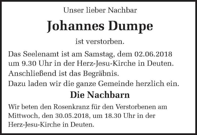  Traueranzeige für Johannes Dumpe vom 30.05.2018 aus Ruhr Nachrichten und Dorstener Zeitung