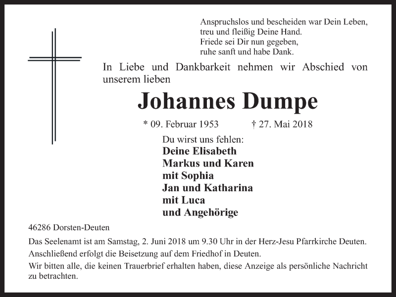  Traueranzeige für Johannes Dumpe vom 30.05.2018 aus Ruhr Nachrichten und Dorstener Zeitung