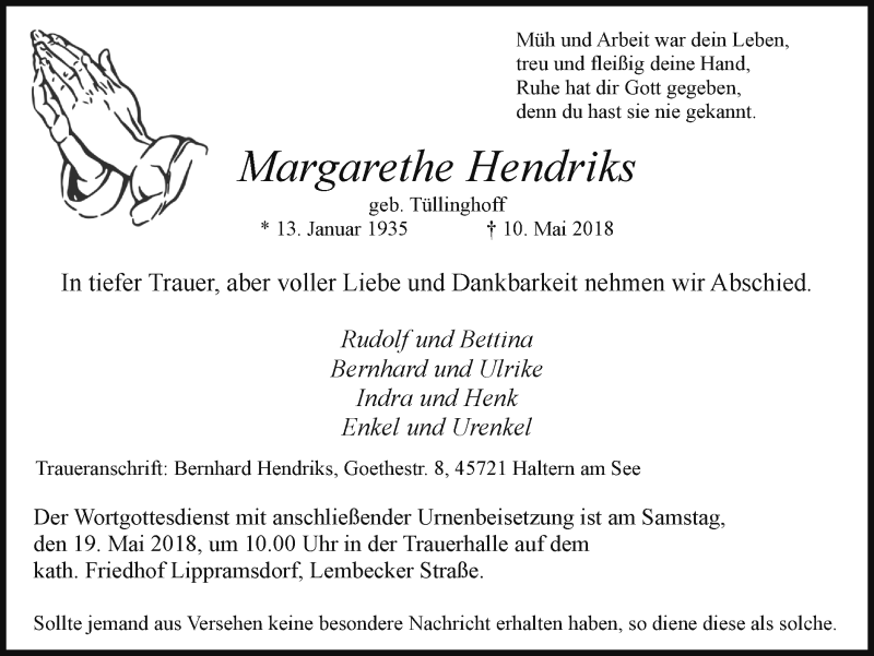  Traueranzeige für Margarethe Hendriks vom 17.05.2018 aus Ruhr Nachrichten und Halterner Zeitung