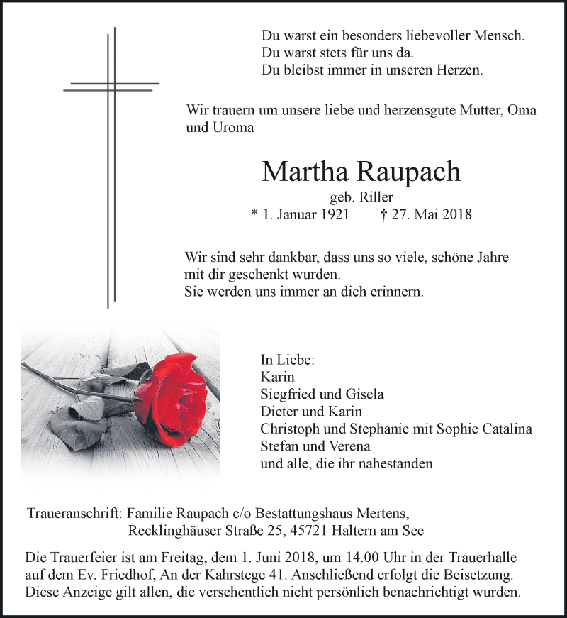  Traueranzeige für Martha Raupach vom 30.05.2018 aus Ruhr Nachrichten und Halterner Zeitung