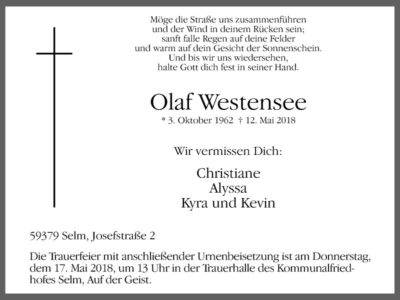  Traueranzeige für Olaf Westensee vom 15.05.2018 aus Ruhr Nachrichten
