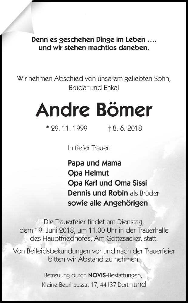  Traueranzeige für Andre Bömer vom 16.06.2018 aus Ruhr Nachrichten
