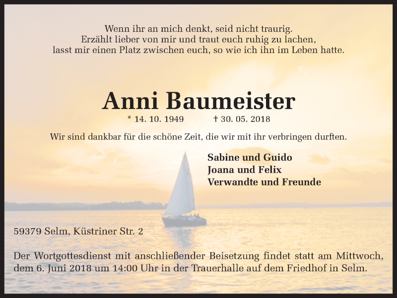  Traueranzeige für Anni Baumeister vom 04.06.2018 aus Ruhr Nachrichten