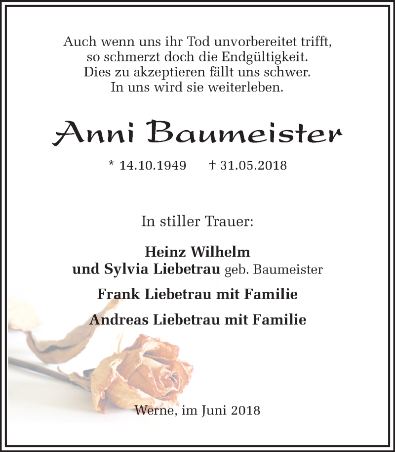  Traueranzeige für Anni Baumeister vom 02.06.2018 aus Ruhr Nachrichten