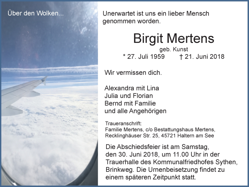  Traueranzeige für Birgit Mertens vom 26.06.2018 aus Ruhr Nachrichten und Halterner Zeitung