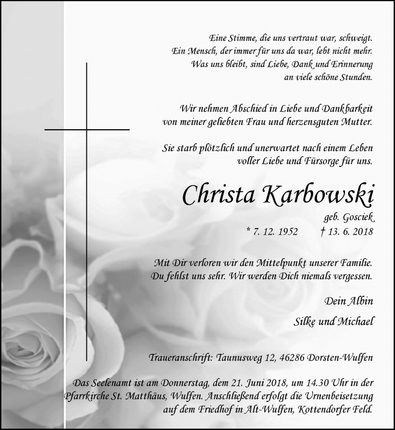  Traueranzeige für Christa Karbowski vom 16.06.2018 aus Ruhr Nachrichten und Dorstener Zeitung
