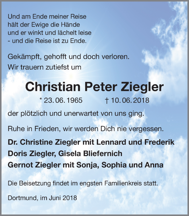  Traueranzeige für Christian Peter Ziegler vom 14.06.2018 aus 