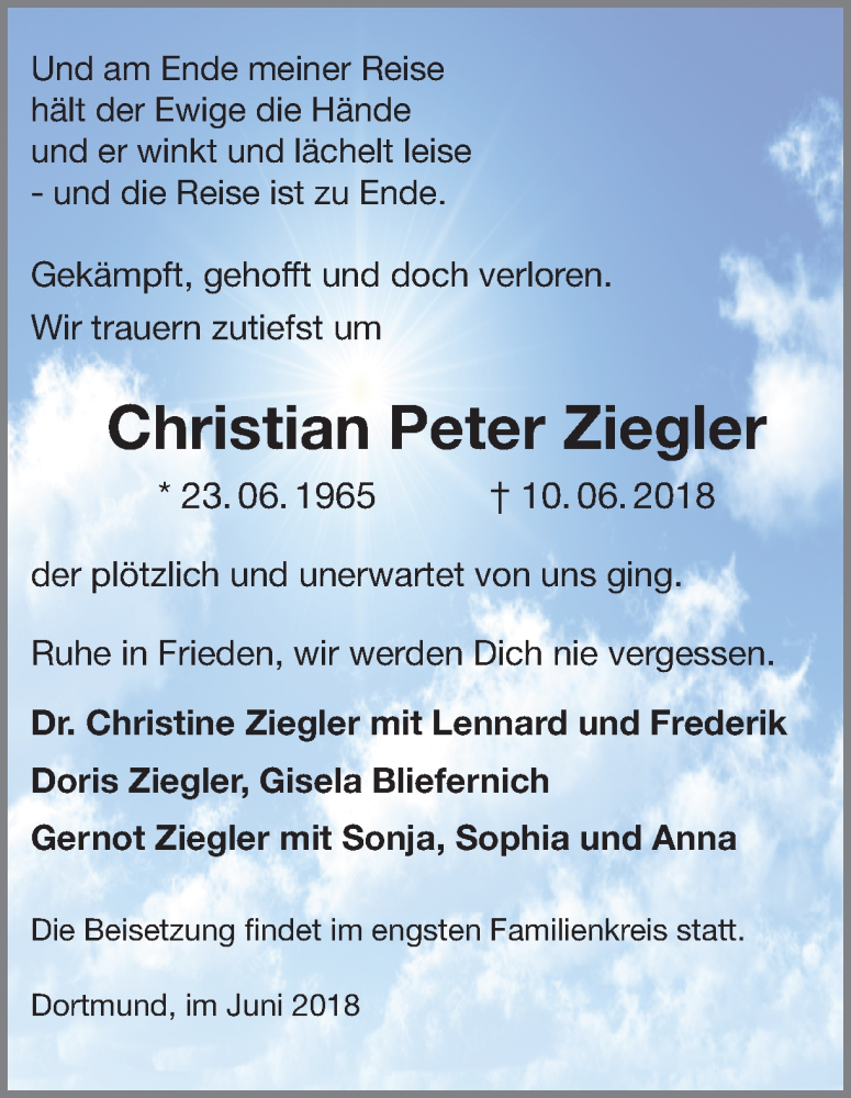  Traueranzeige für Christian Peter Ziegler vom 14.06.2018 aus Ruhr Nachrichten