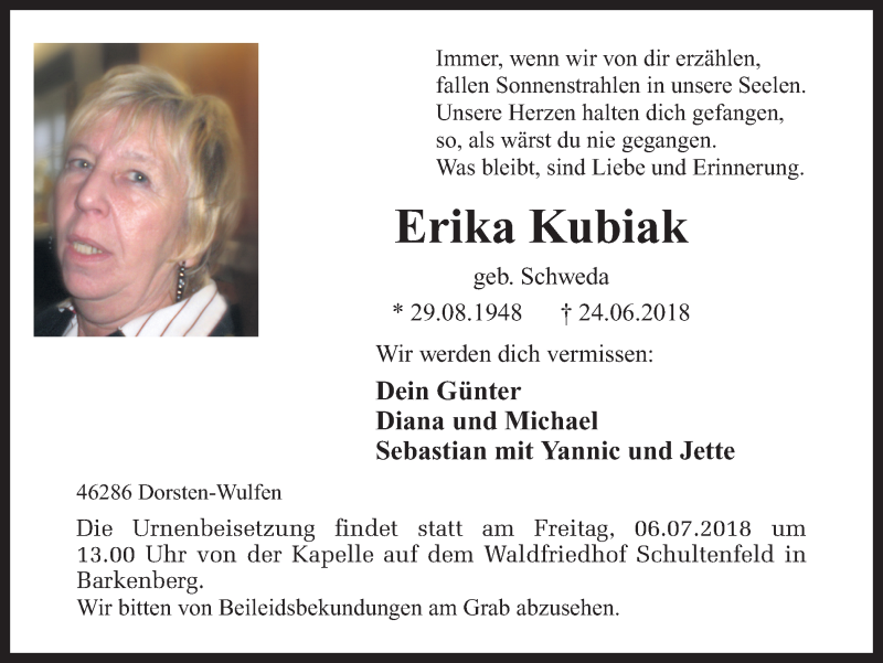  Traueranzeige für Erika Kubiak vom 30.06.2018 aus Ruhr Nachrichten und Dorstener Zeitung
