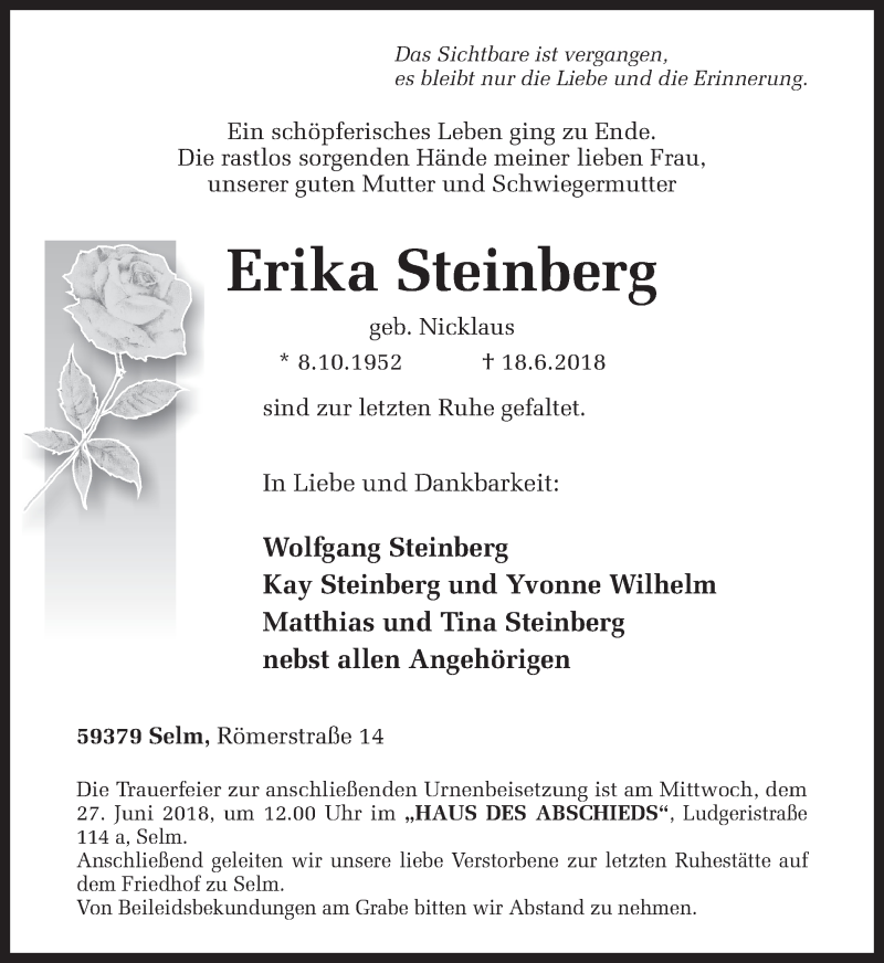  Traueranzeige für Erika Steinberg vom 20.06.2018 aus Ruhr Nachrichten