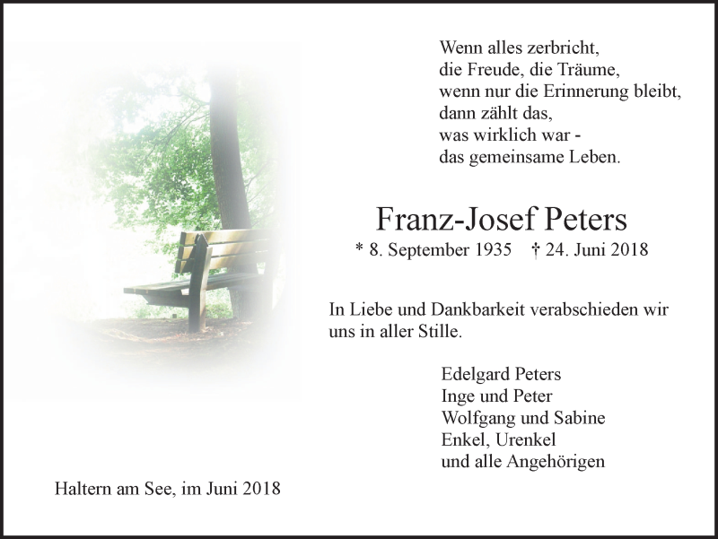  Traueranzeige für Franz-Josef Peters vom 30.06.2018 aus Ruhr Nachrichten und Halterner Zeitung