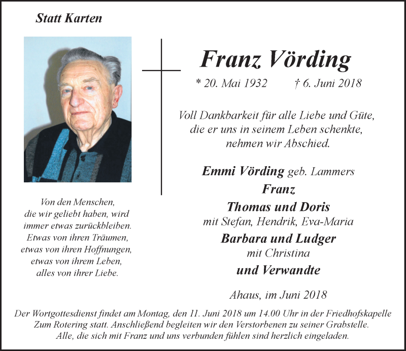  Traueranzeige für Franz Vörding vom 07.06.2018 aus Münstersche Zeitung und Münsterland Zeitung