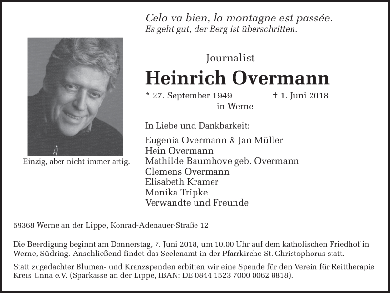 Traueranzeige für Heinrich Overmann vom 05.06.2018 aus Ruhr Nachrichten