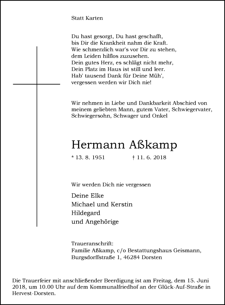  Traueranzeige für Hermann Aßkamp vom 13.06.2018 aus Ruhr Nachrichten und Dorstener Zeitung