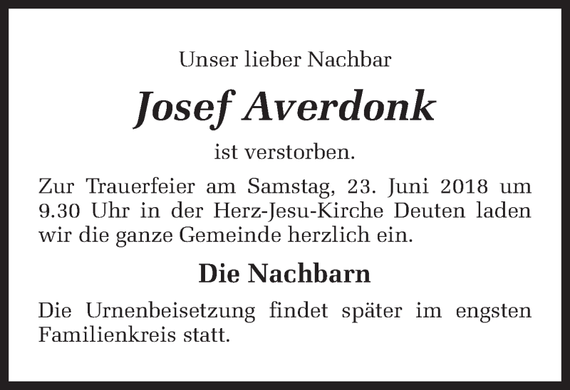  Traueranzeige für Josef Averdonk vom 21.06.2018 aus Ruhr Nachrichten und Dorstener Zeitung