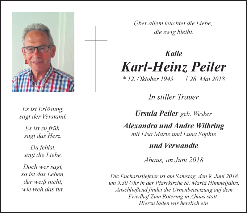  Traueranzeige für Karl-Heinz Peiler vom 05.06.2018 aus Münstersche Zeitung und Münsterland Zeitung