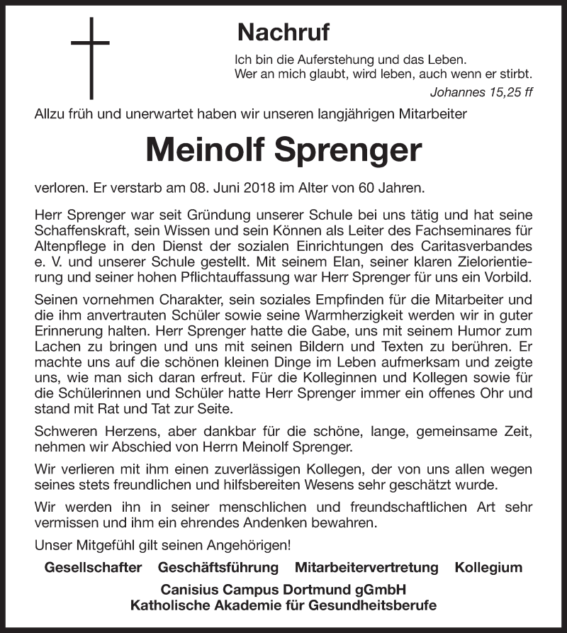  Traueranzeige für Meinolf Sprenger vom 20.06.2018 aus Ruhr Nachrichten