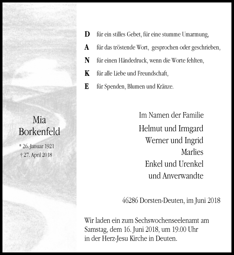  Traueranzeige für Mia Borkenfeld vom 13.06.2018 aus Ruhr Nachrichten und Dorstener Zeitung
