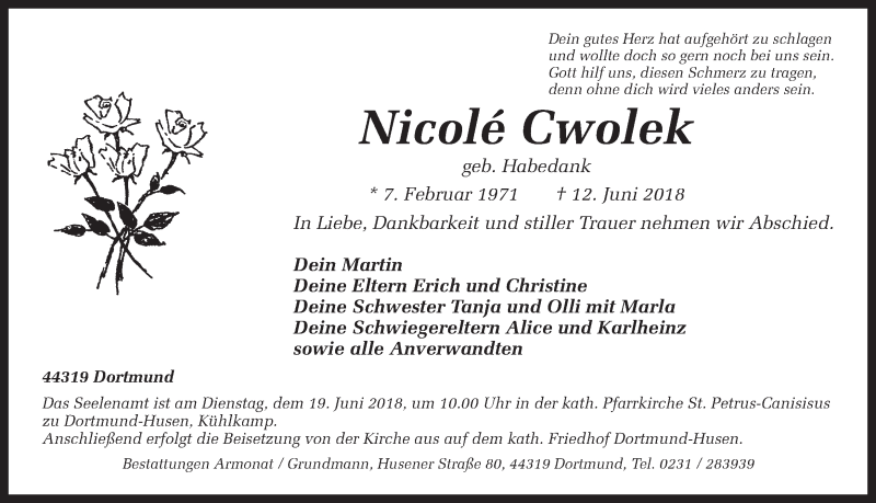  Traueranzeige für Nicole Cwolek vom 16.06.2018 aus Ruhr Nachrichten