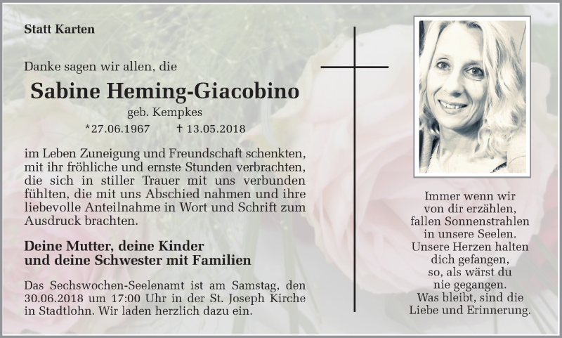  Traueranzeige für Sabine Heming-Giacobino vom 26.06.2018 aus Münstersche Zeitung und Münsterland Zeitung