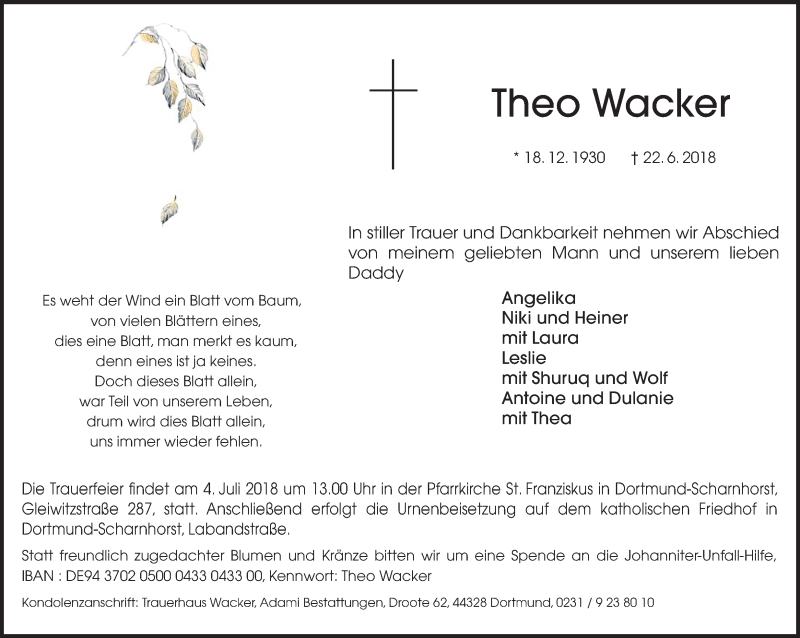  Traueranzeige für Theo Wacker vom 28.06.2018 aus Ruhr Nachrichten