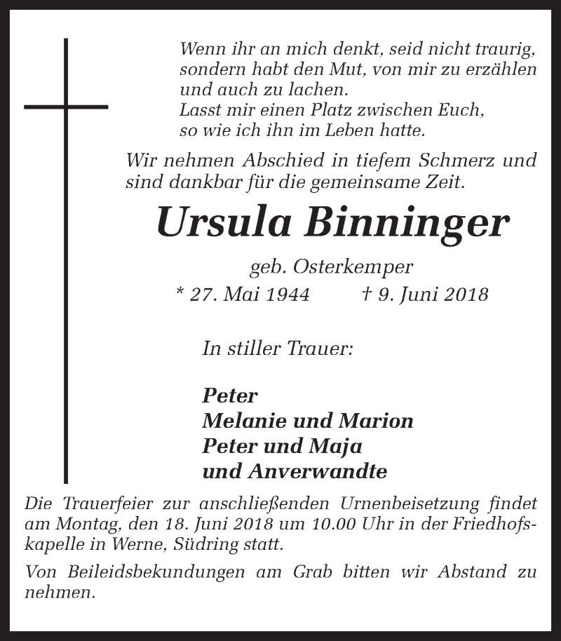  Traueranzeige für Ursula Binninger vom 12.06.2018 aus Ruhr Nachrichten