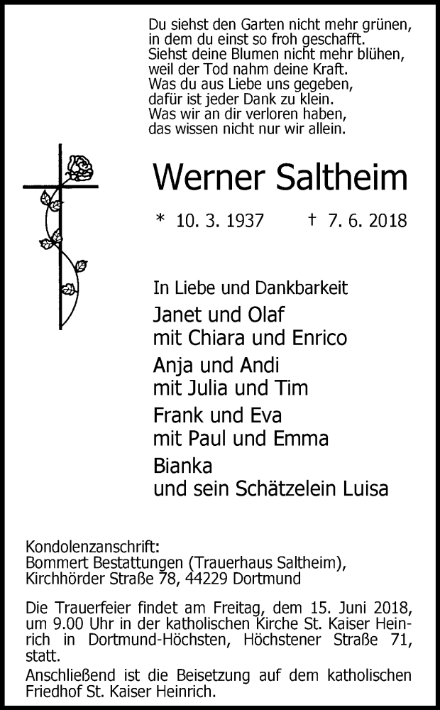  Traueranzeige für Werner Saltheim vom 13.06.2018 aus Ruhr Nachrichten