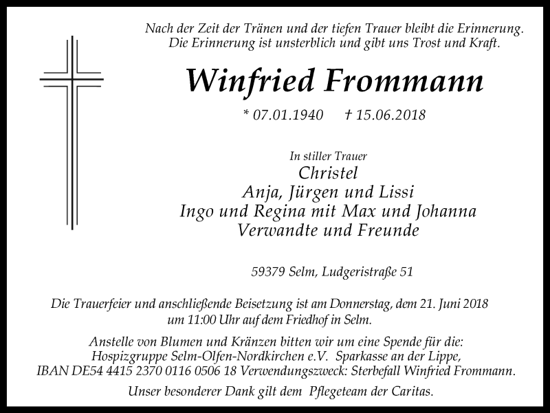  Traueranzeige für Winfried Frommann vom 19.06.2018 aus Ruhr Nachrichten