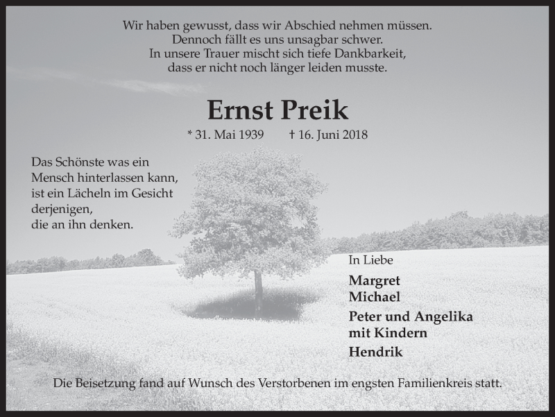  Traueranzeige für Ernst Preik vom 07.07.2018 aus Ruhr Nachrichten